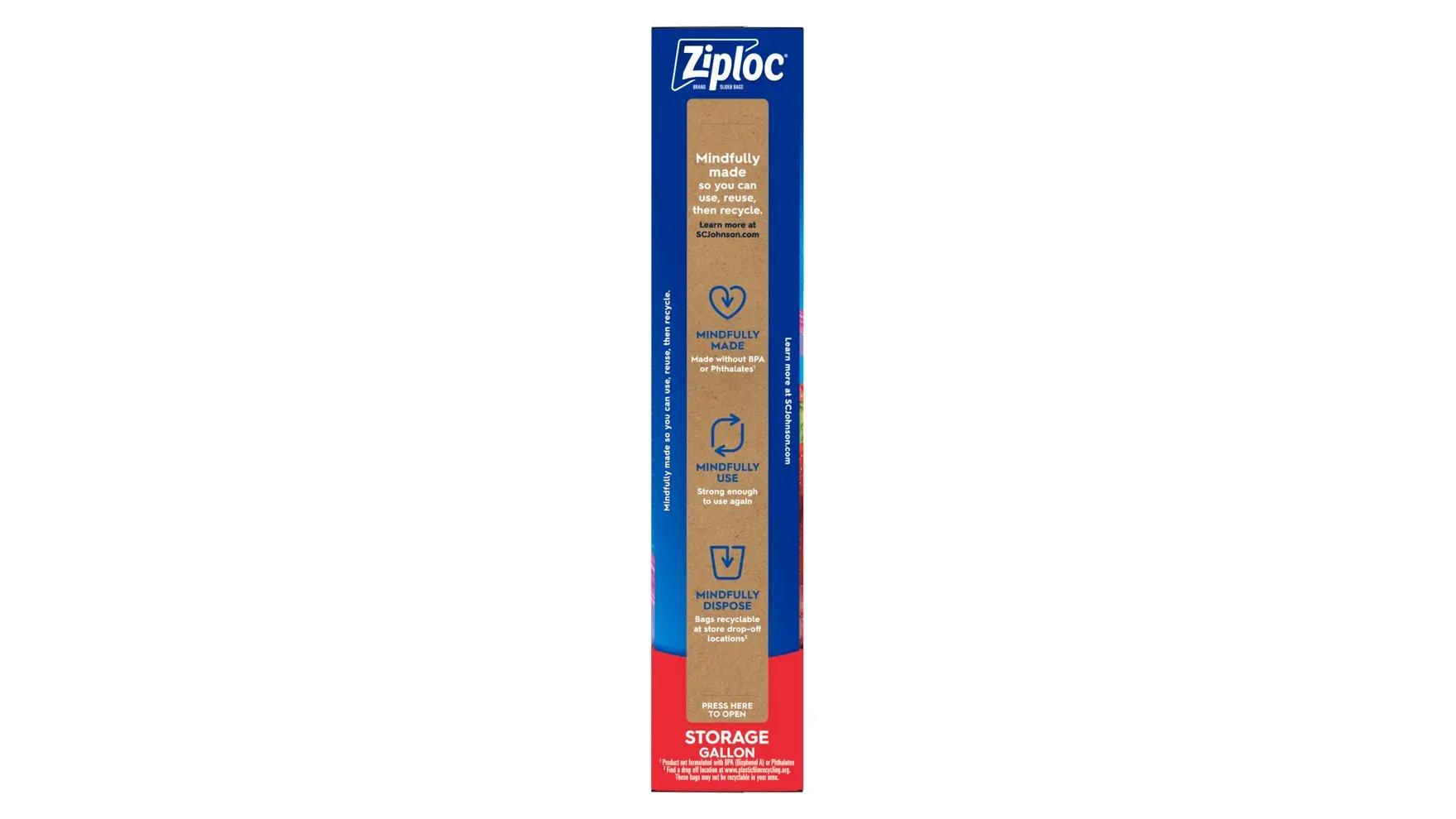 Side of a box of Ziploc® EZ Zip Storage Gallon Bags