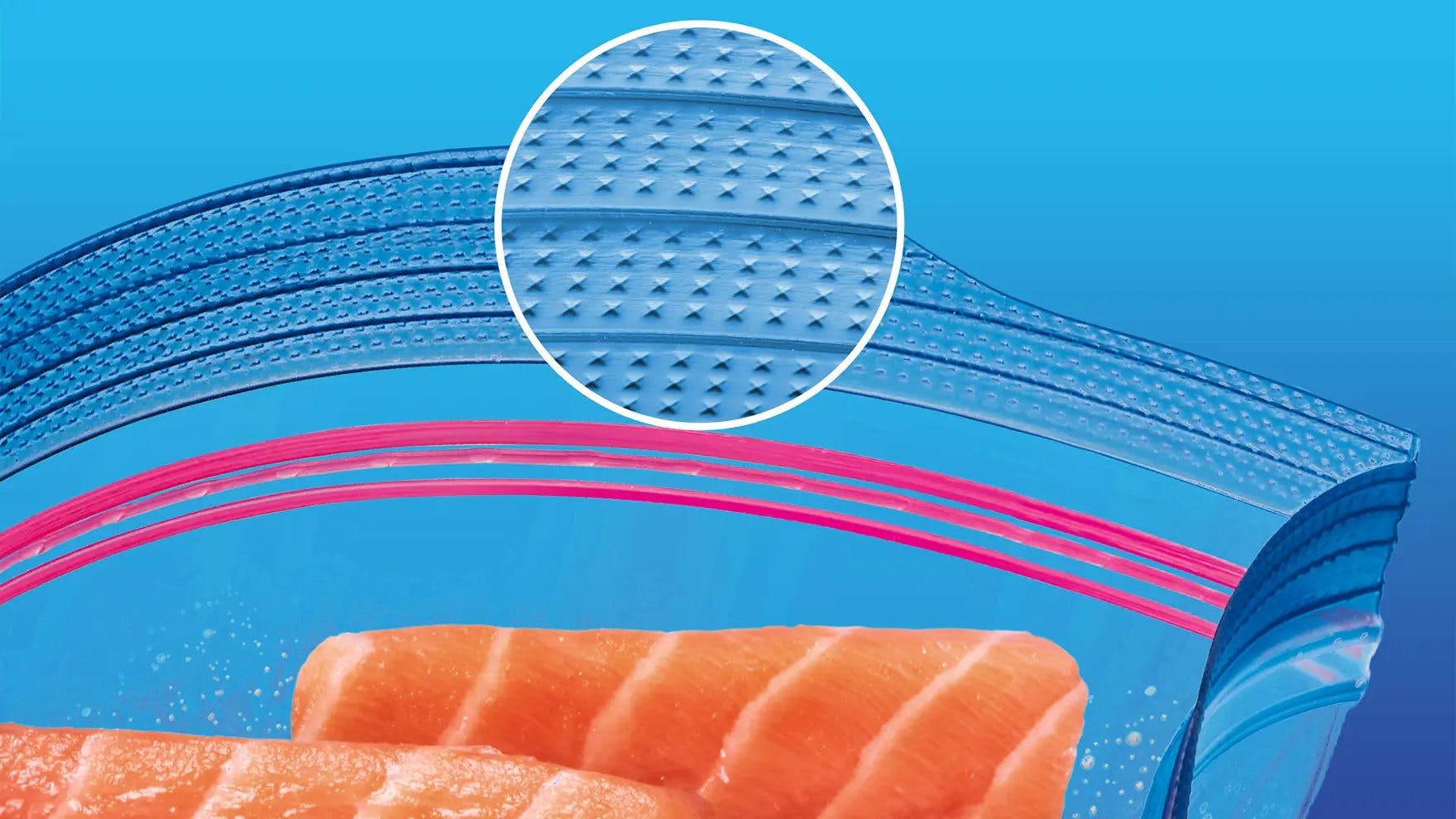 Image of a Ziploc® Freezer bag zoomed in with a focus on the Easy Grip Texture and Double Zipper