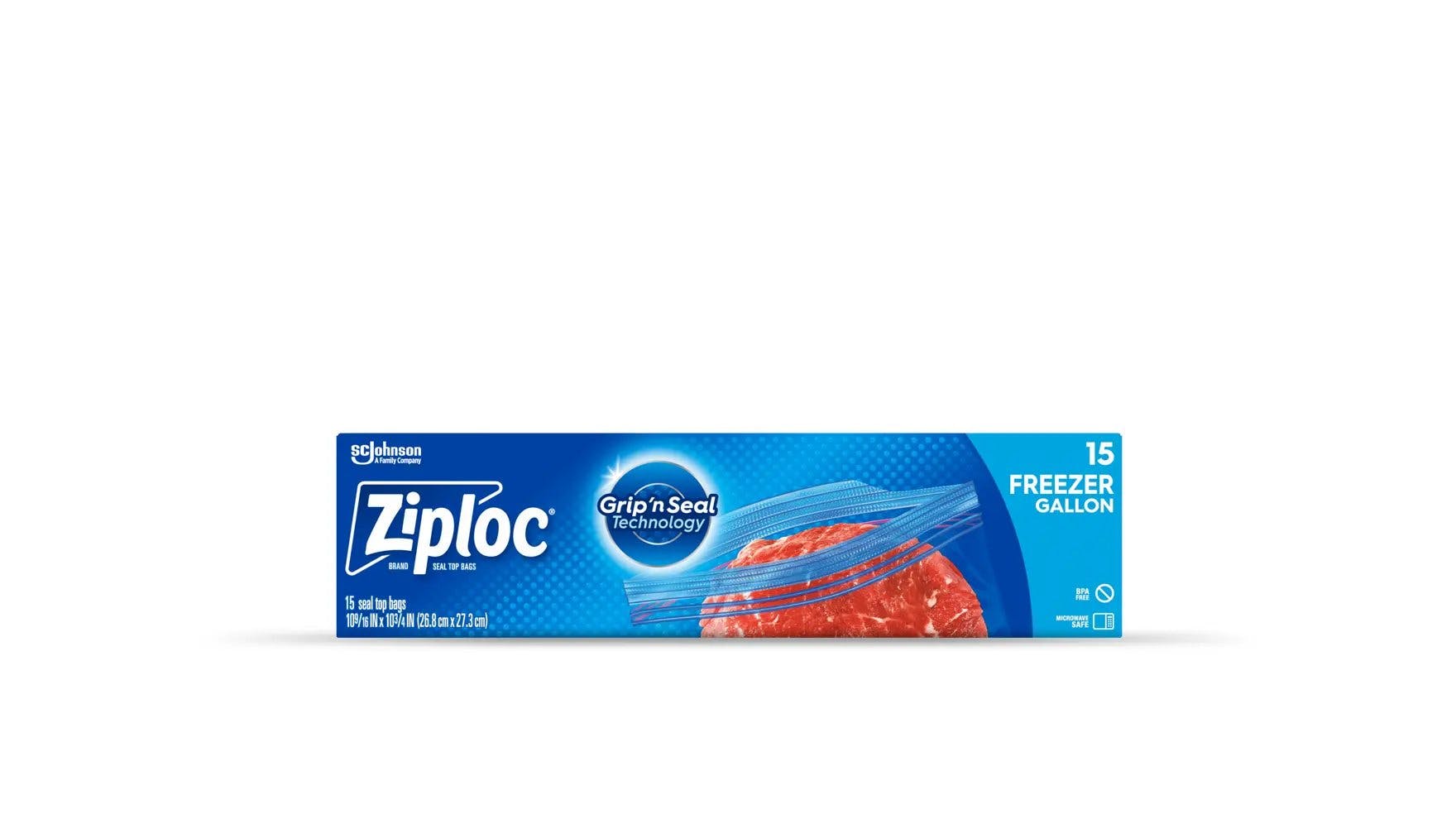 Front of a box of Ziploc® Freezer Large Bags